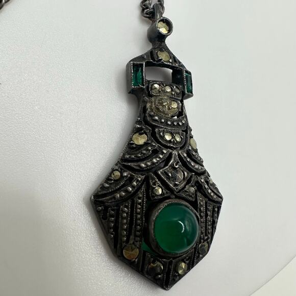 Antique French Art Deco sterling silver genuine chrysoprase marcasite necklace - Picture 3 of 10